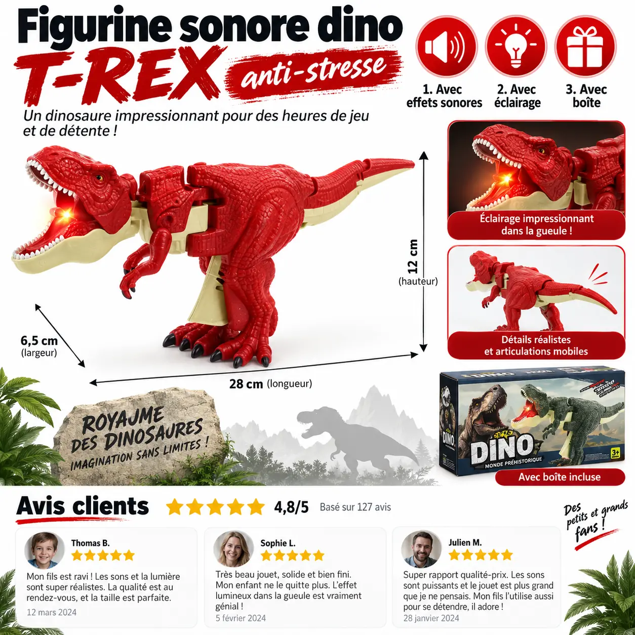 figurine sonore dinosaure rex rouge plastique abs rouge solide
