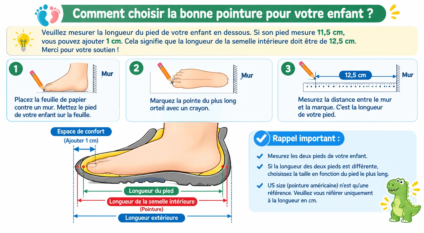 Guide de pointure bottes de pluie dinosaure en PVC