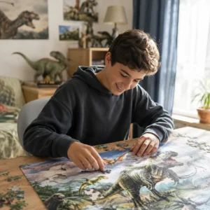 Un jeune jouant au puzzle dinosaure