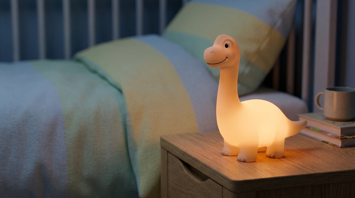 Une veilleuse dinosaure lumineuse posée sur une table de nuit à côté d'un lit d'enfant.