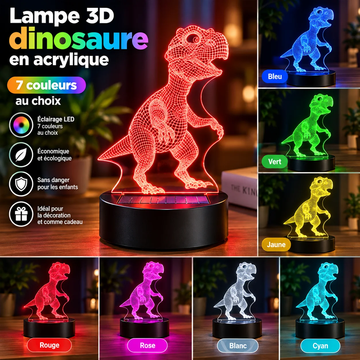 Lampe 3D dinosaure en acrylique avec éclairage LED multicolore, disponible en 7 couleurs.