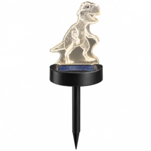 lampe solaire dinosaure en acrylique 3d allumee la nuit dans un jardin