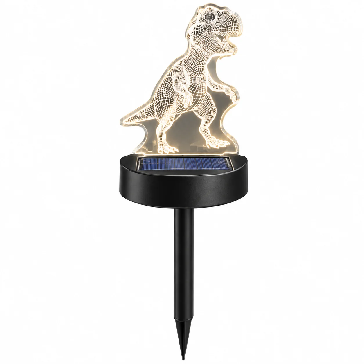 lampe solaire dinosaure en acrylique 3d allumee la nuit dans un jardin