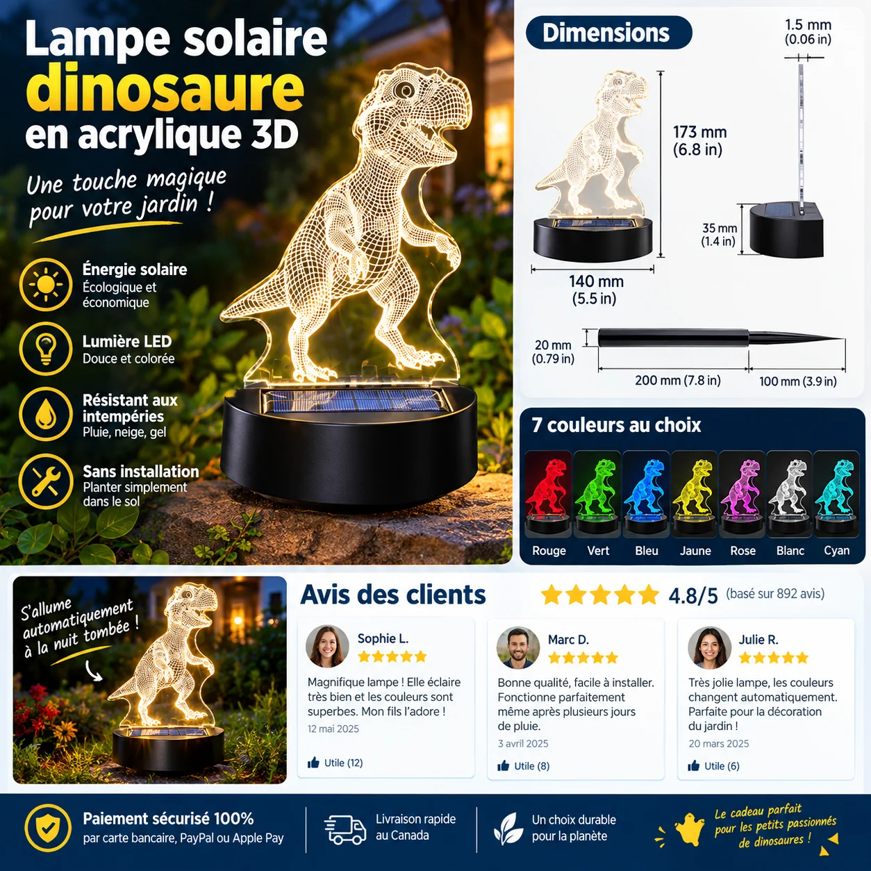 une pièce de la lampe solaire dinosaure en acrylique transparente