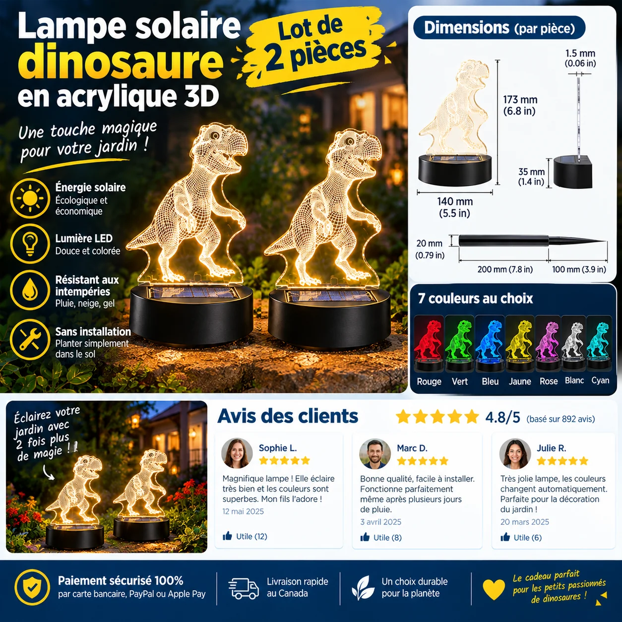Lot de 2 lampes solaires dinosaures en acrylique 3D, éclairage LED coloré pour jardin, avec 7 couleurs au choix.