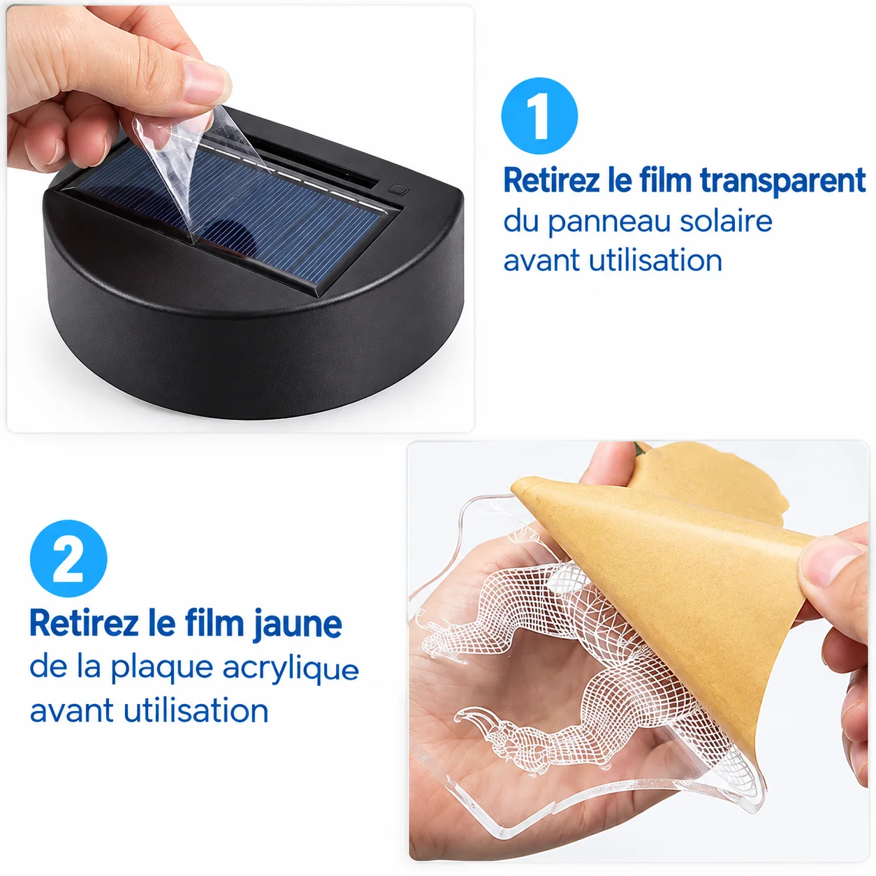 Instructions pour retirer les films de protection du panneau solaire et de la plaque acrylique d’une lampe solaire dinosaure 3D.