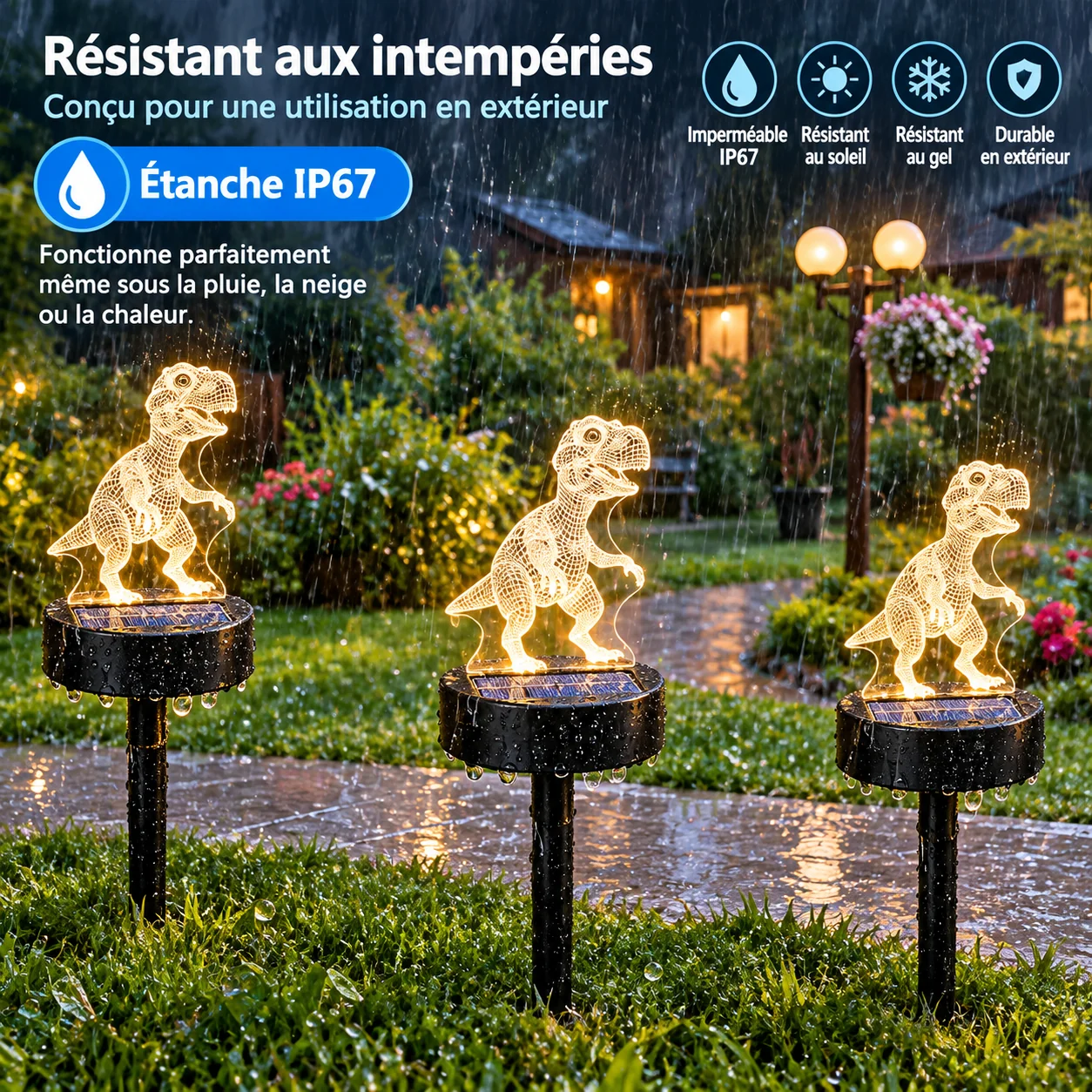 lampe solaire dinosaure etanche ip65 sous la pluie dans un massif de fleurs
