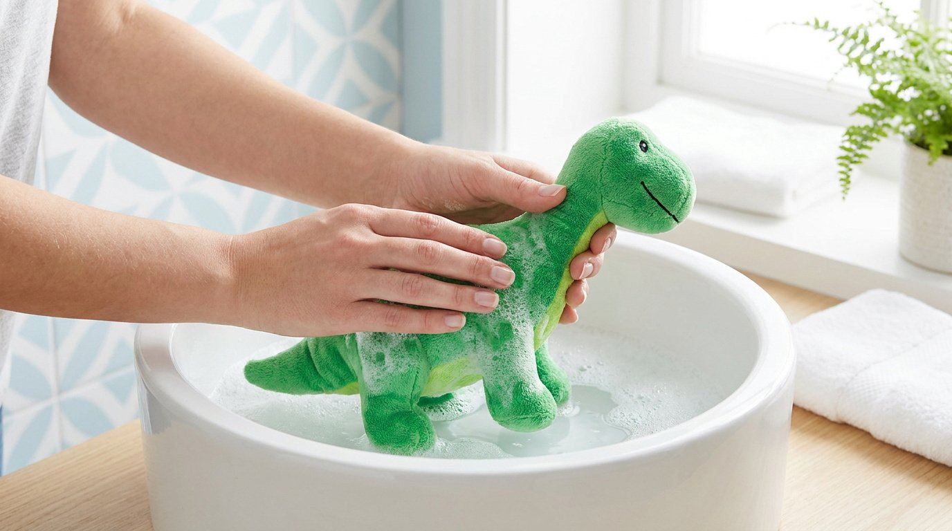 Une personne lave délicatement une peluche dinosaure verte avec de l'eau savonneuse dans un lavabo blanc.