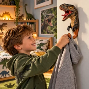 Enfant accrochant un sweat à capuche sur un porte-manteau mural Vélociraptor réaliste en résine