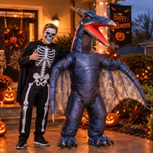Adulte souriant déguisé avec le déguisement ptérosaure gonflable pour une soirée Halloween.