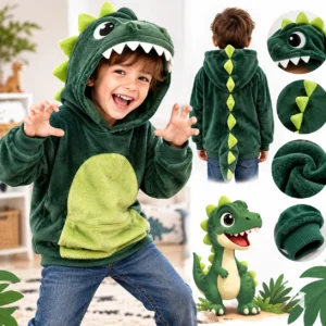 Pull dinosaure enfant vert en coton avec écaille 3D sur les manches