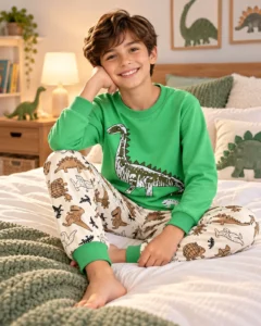 Enfant de 10 ans souriant portant un pyjama dinosaure vert 2 pièces dans sa chambre