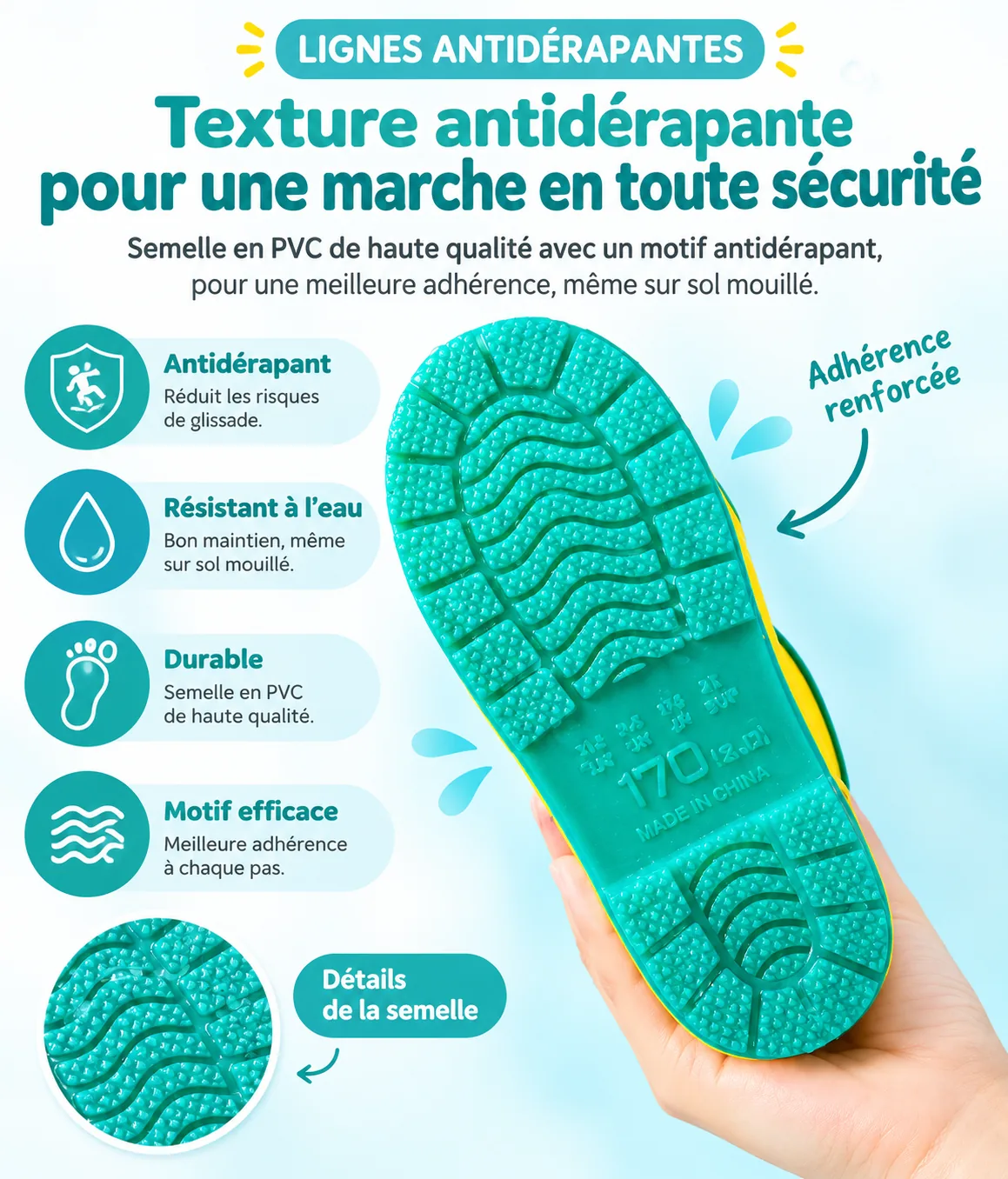 Semelle antidérapante à crampons des bottes de pluie dinosaure