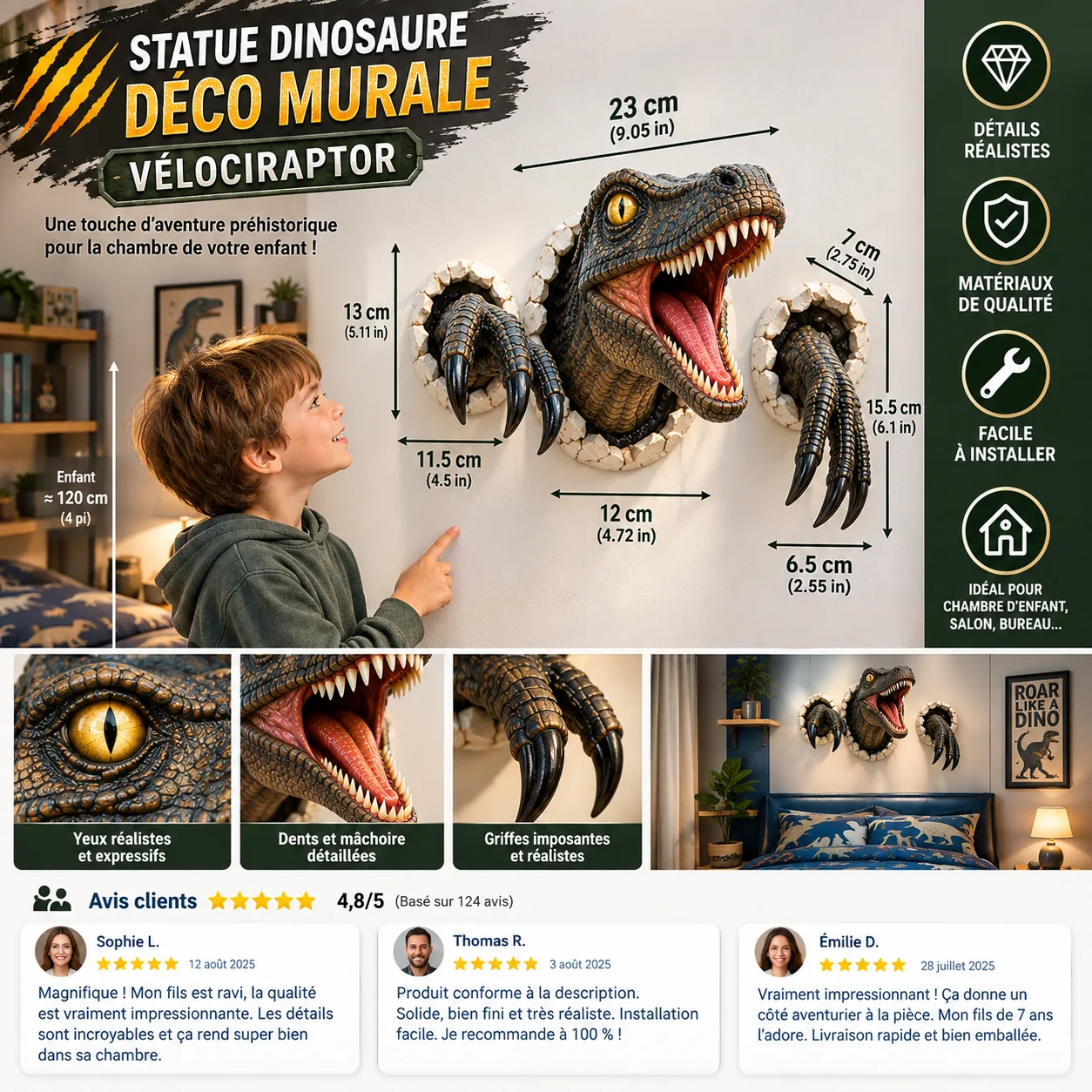 detail de la tete rugissante de la statue dinosaure deco murale velociraptor