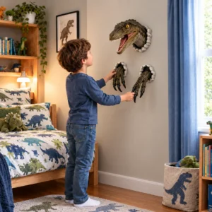 chambre a coucher decoree avec la statue dinosaure deco murale velociraptor
