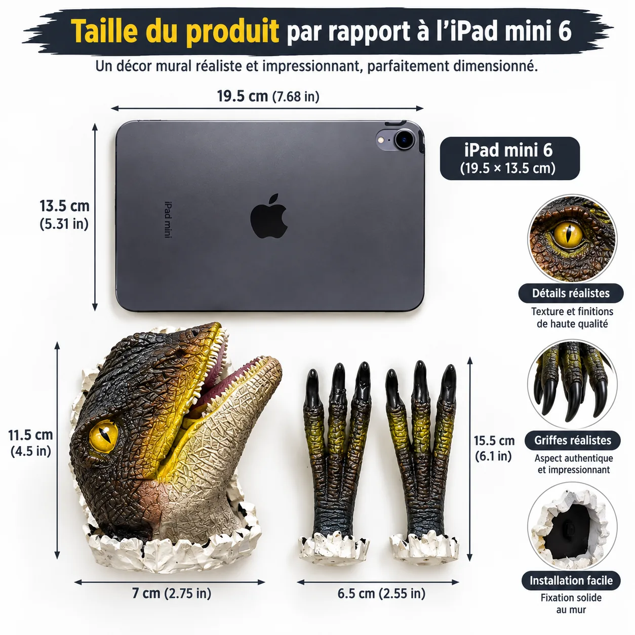 La tête de la statue à elle seule est un peu plus haute et plus large qu'un iPad Mini tenu à la verticale.