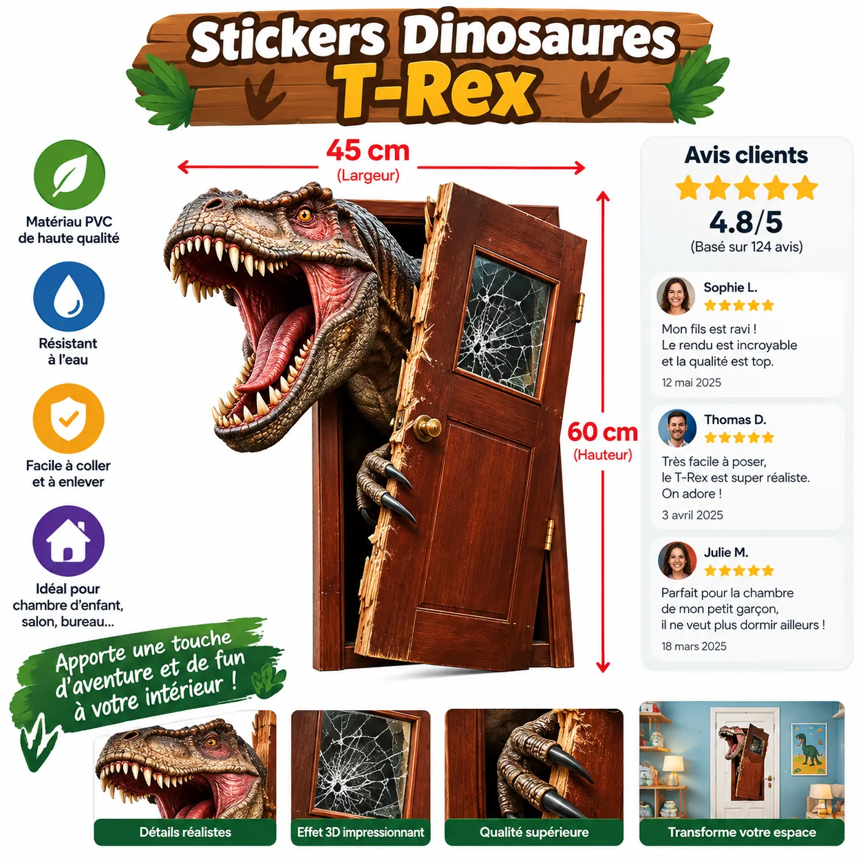 detail de l impression haute definition du stickers t-rex 3d trompe l oeil