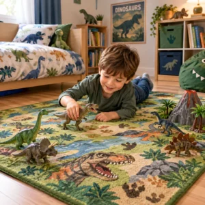 Tapis dinosaure grand format avec circuit de jeu et T-Rex pour chambre d'enfant