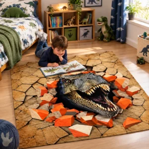 Enfant lisant sur un tapis de sol antidérapant dinosaure 3D dans sa chambre.