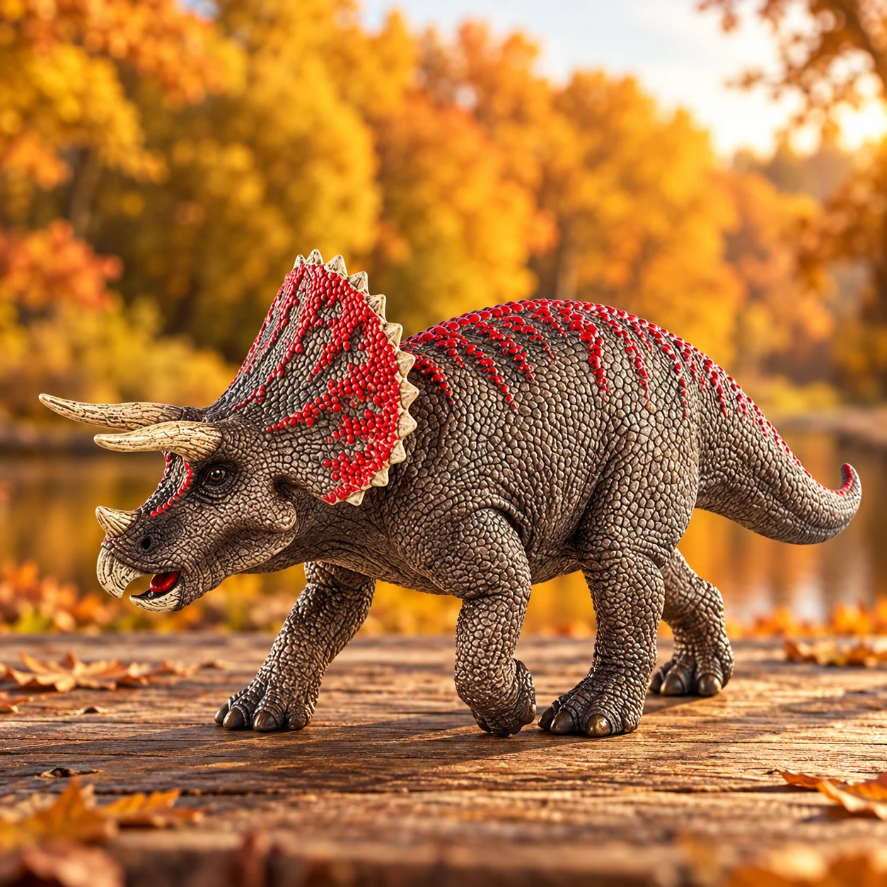 Figurine Tricératops 3D réaliste sur fond d’automne avec feuillage doré