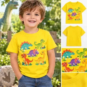 Tee-shirt dinosaure garçon à manches courtes pour l'été et l'automne.