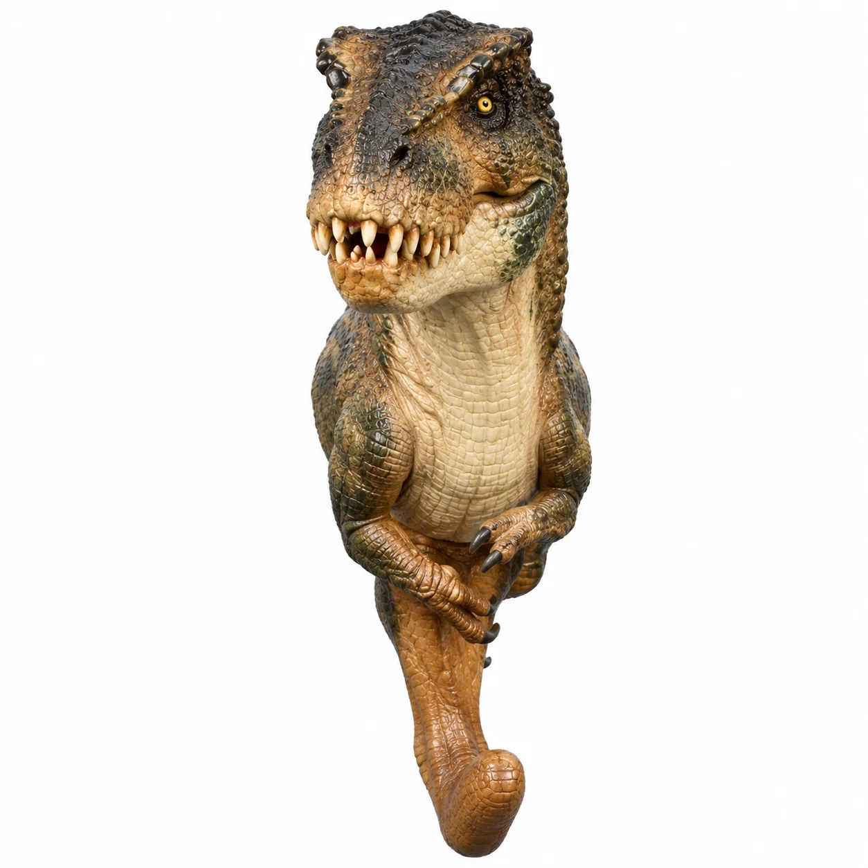 Porte-manteau dinosaure réaliste T-Rex en résine accroché dans une entrée de maison