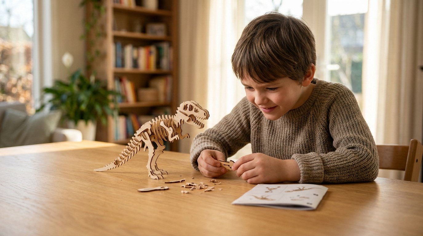 Un jeune garçon souriant assemble un puzzle 3D en bois représentant un squelette de dinosaure sur une table en bois.