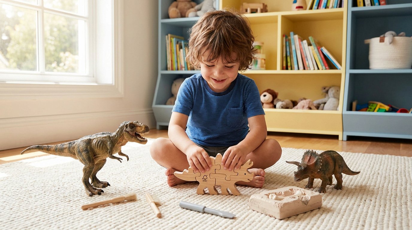 Un jeune garçon joue avec des figurines et un puzzle dinosaure sur un tapis dans une chambre d'enfant.