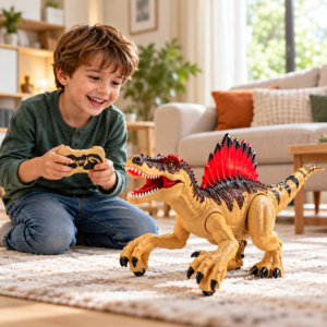 Enfant souriant jouant dans son salon avec un dinosaure télécommandé Spinosaurus 2,4 GHz beige et marron, doté d'une voile dorsale rouge et de roulettes aux pattes avant, avec télécommande beige à motif de squelette noir