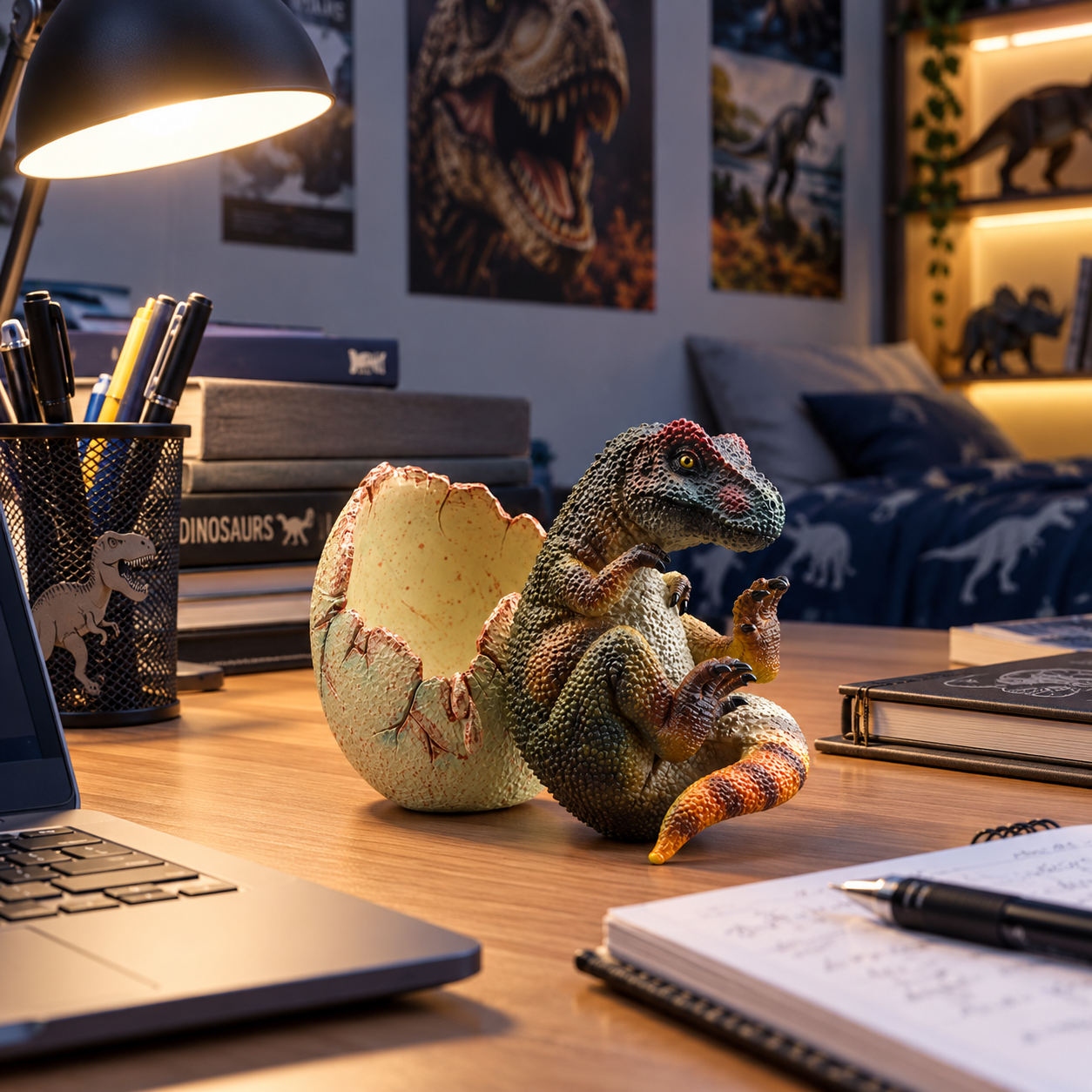 la figurine de bebe tyrannosaure mise en valeur dans un salon decore