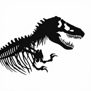 Autocollant mural fossile squelette de T-Rex noir, style silhouette, centré sur fond blanc épuré pour décoration de chambre d’enfant.