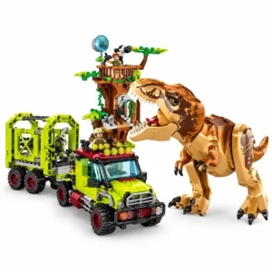 Jeu de construction dinosaure T-Rex avec camion d'exploration, remorque cage et scène d'aventure en briques sur fond blanc
