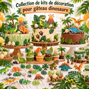 Collection de kits de décoration pour gâteau dinosaure avec figurines, feuilles tropicales et œufs préhistoriques