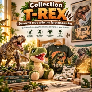 collection T-Rex avec figurines réalistes, peluche dinosaure, vêtements enfant et décoration de chambre sur le thème du Tyrannosaure Rex, dans une ambiance chaleureuse.