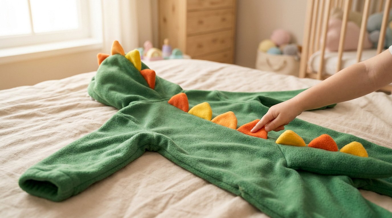 La main d'un enfant touche le dos d'un déguisement de dinosaure vert en polaire posé sur un lit.