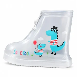 Couvre-chaussures de pluie dinosaure imperméables pour enfant avec fermeture zip, modèle transparent sur fond blanc