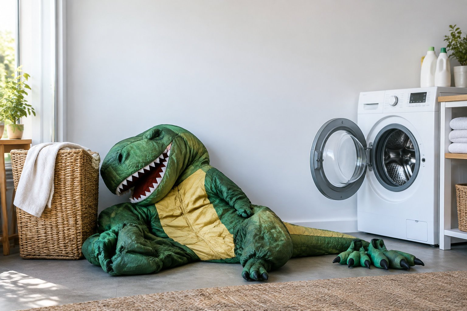 Un costume de dinosaure en peluche vert allongé sur le sol d'une buanderie devant une machine à laver ouverte.