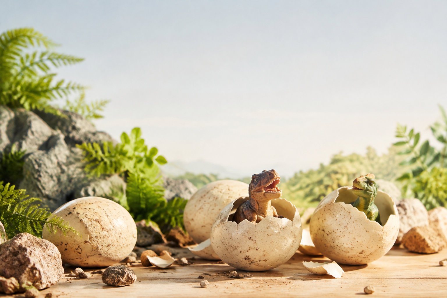 Deux petits dinosaures sortent de leurs œufs cassés dans un décor naturel avec des rochers et des fougères.