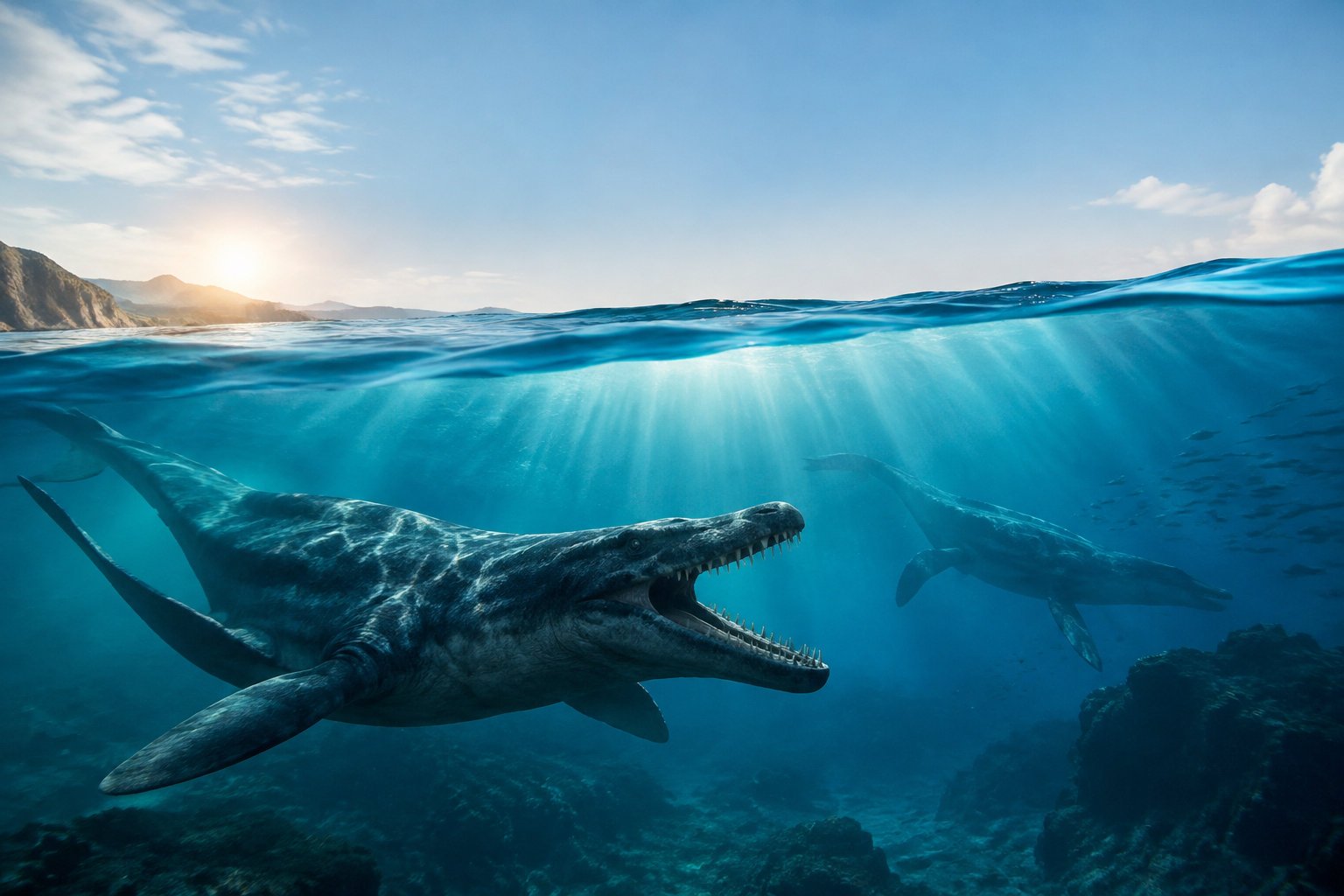 Deux grands reptiles marins préhistoriques nagent sous une mer bleue ensoleillée avec des montagnes en arrière-plan.