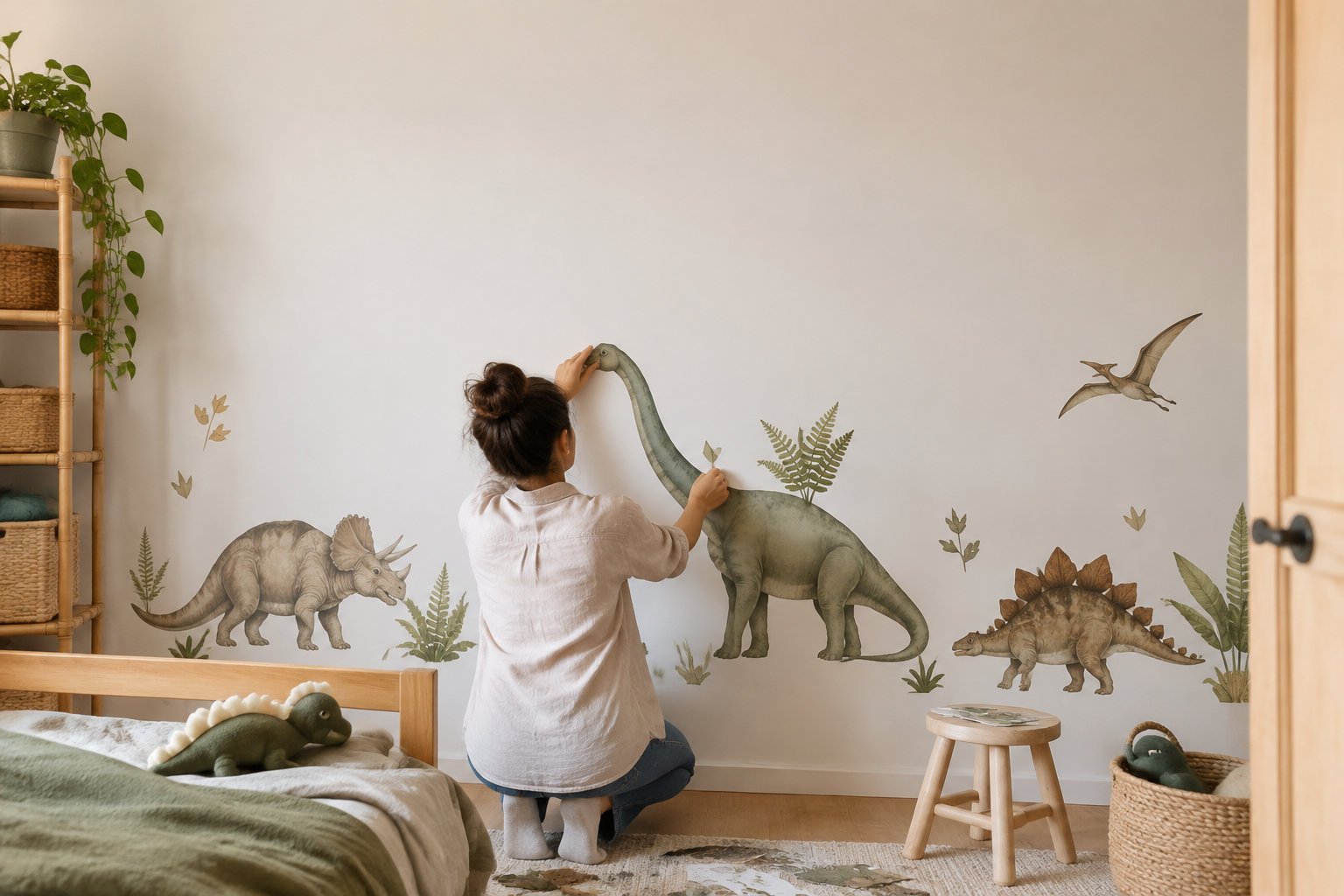 Une femme colle un sticker de dinosaure à long cou sur un mur blanc dans une chambre d'enfant décorée.