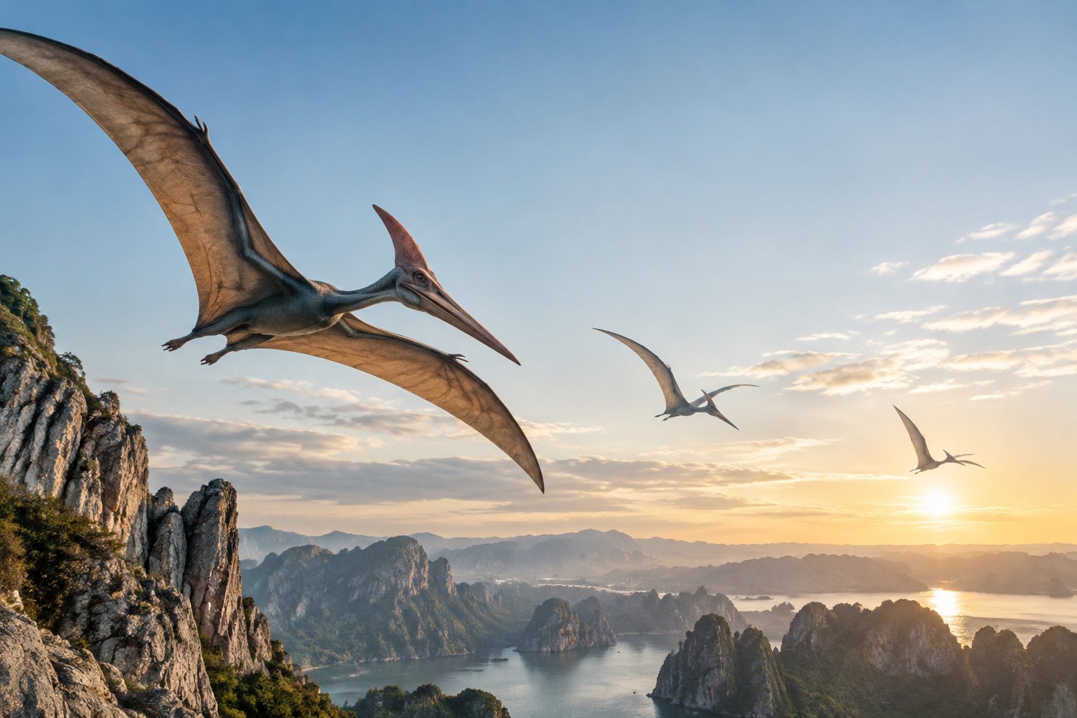 Trois ptéranodons volent au-dessus d'une baie rocheuse au coucher du soleil.