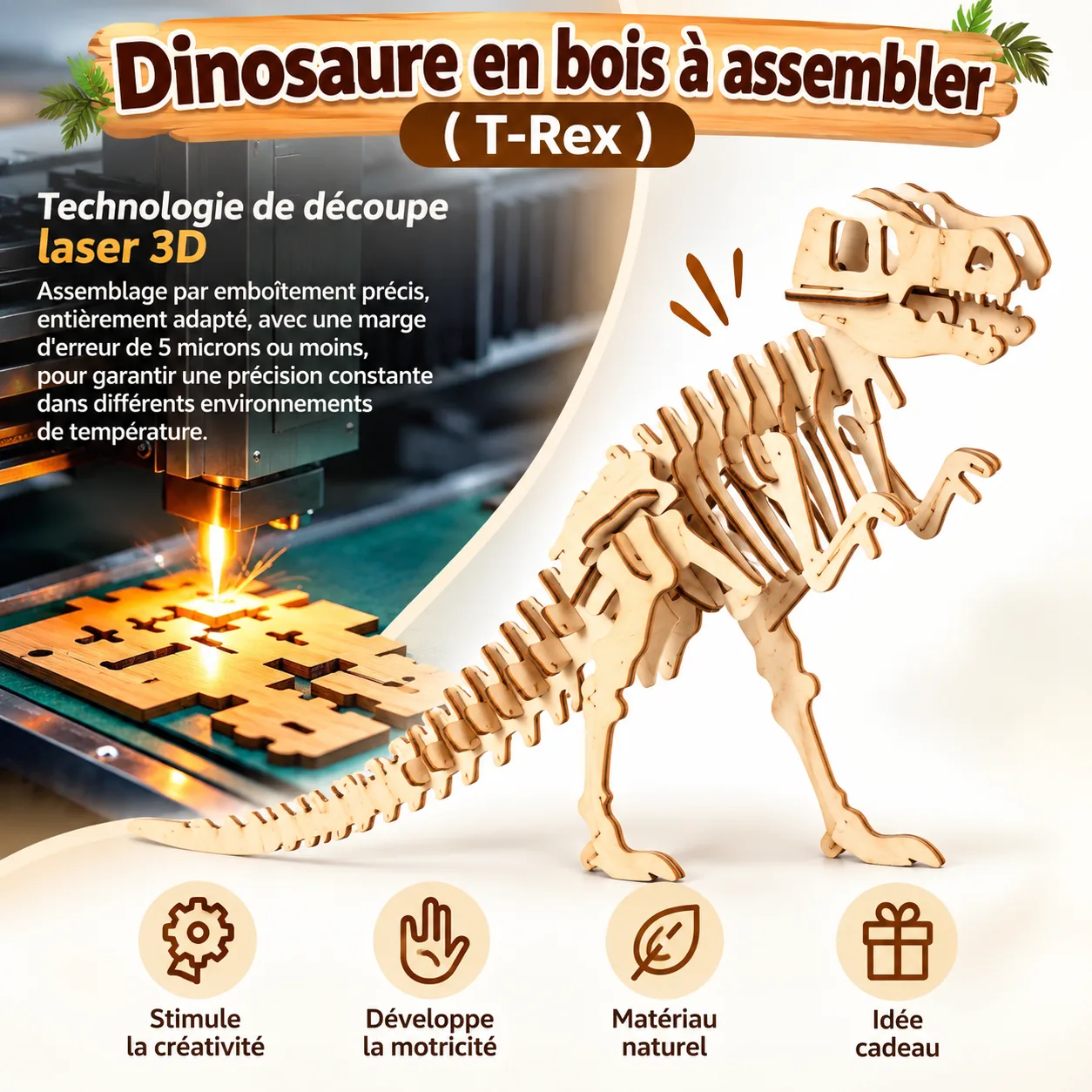 Dinosaure en bois à assembler T-Rex, puzzle 3D représentant un squelette de tyrannosaure avec illustration de la découpe laser des pièces en bois.
