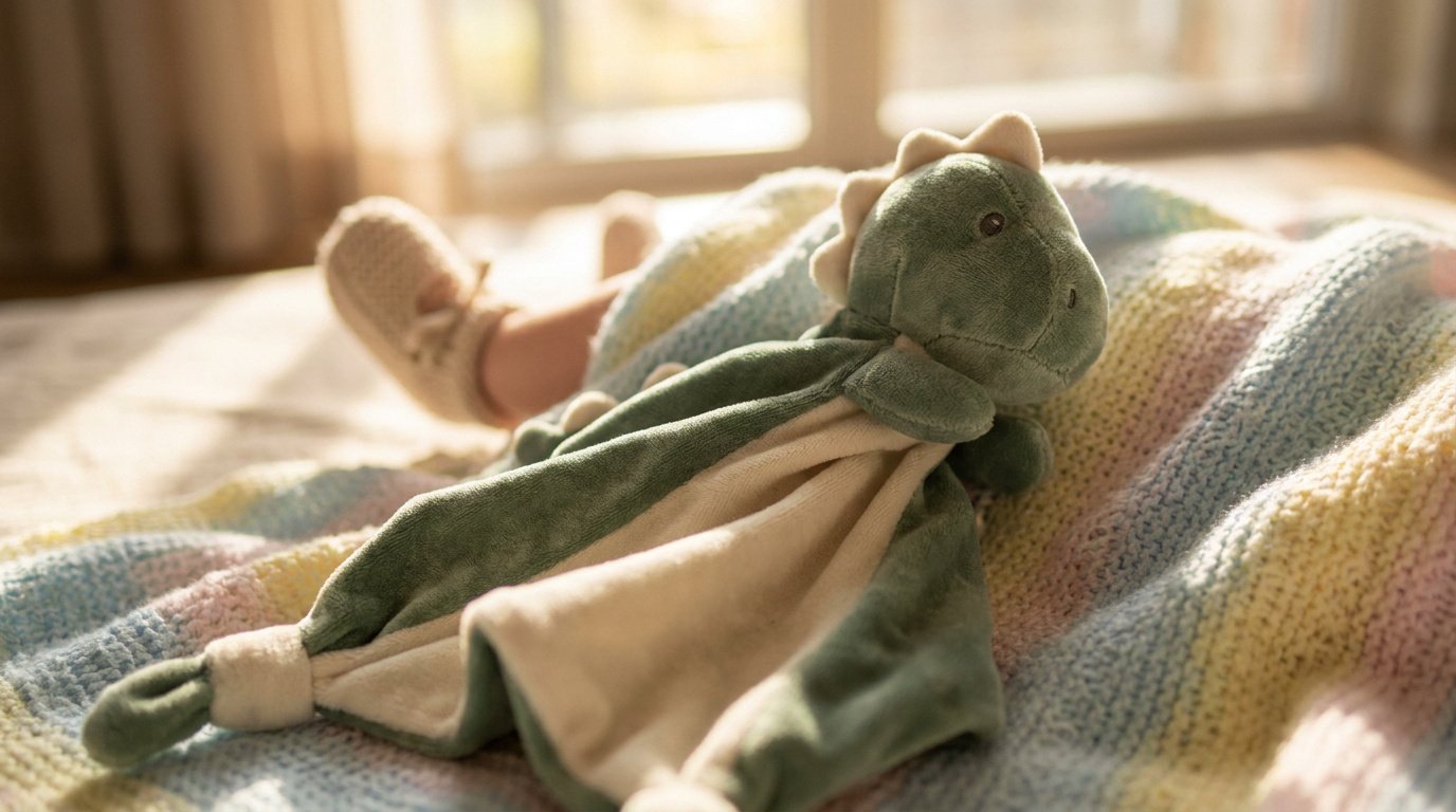 Un doudou dinosaure en peluche vert posé sur une couverture colorée près des pieds d'un bébé portant des chaussons.