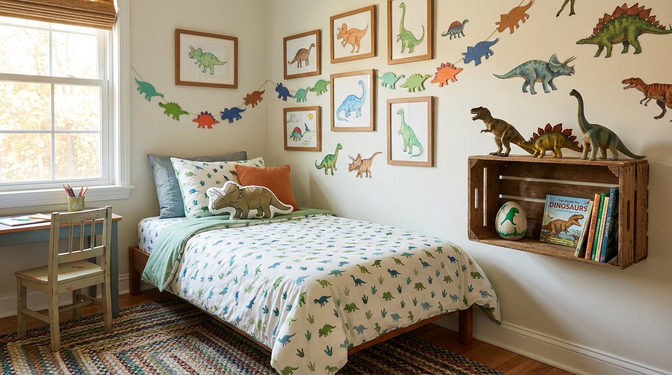 Chambre d'enfant décorée sur le thème des dinosaures avec des cadres muraux, une guirlande et des figurines en bois.