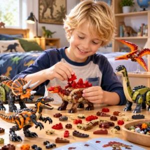 Enfant blond souriant construisant un dinosaure en blocs de construction colorés dans sa chambre, entouré de figurines jurassiques en 3D.