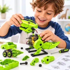Enfant souriant assemblant un robot dinosaure solaire STEM vert, avec panneau solaire, engrenages et pièces de construction. Jouet éducatif 3 en 1 pour découvrir la robotique, la mécanique et l'énergie solaire en s'amusant.