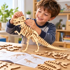 Enfant en train d’assembler un squelette de T-Rex en bois, puzzle 3D de dinosaure posé sur une table avec pièces et notice de montage.