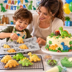 Enfant et sa maman utilisant un moule à gâteau dinosaure en silicone pour créer des desserts d'anniversaire, avec gâteau décoré et pâtisserie maison