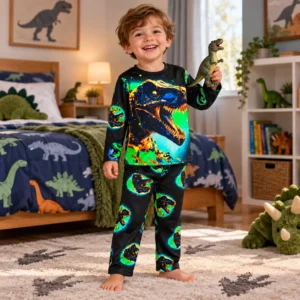 Enfant de 3 ans portant un pyjama dinosaure manches longues T-Rex néon dans sa chambre décorée avec des jouets et accessoires dinosaures.