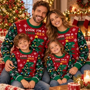 Famille portant des pulls de Noël dinosaure assortis dans un salon festif.